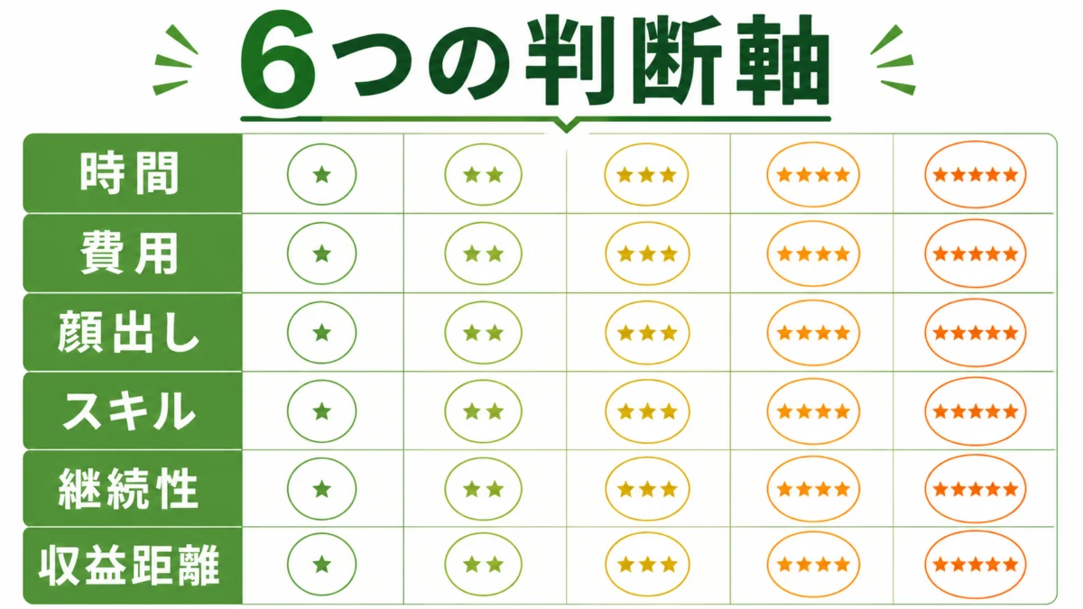 AI副業診断で使う6つの判断軸の図解