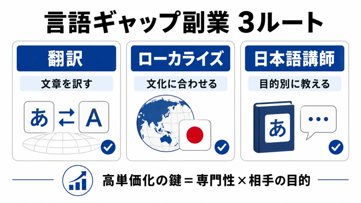 翻訳・ローカライズ・日本語講師の3ルート比較図解