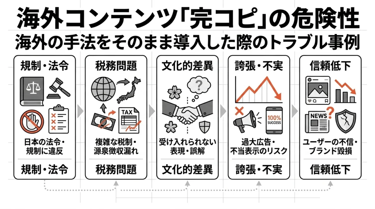 海外コンテンツをそのまま真似る危険性。規約・税務・文化差・誇大表現を先に確認する。
