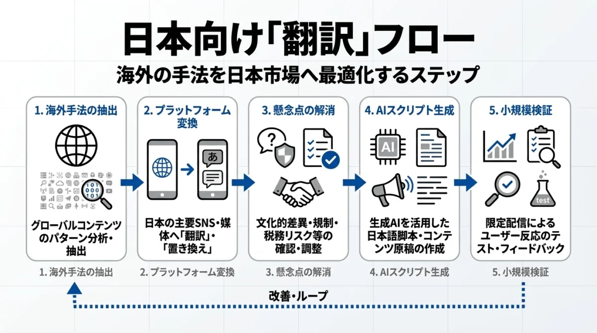 海外ネタを日本向けに翻訳し、実行できる手順へ落とし込む流れ。