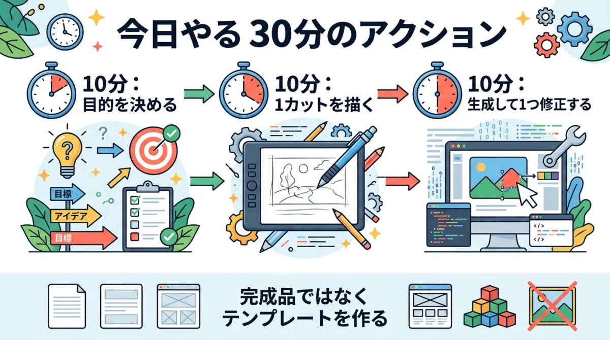 7日ロードマップの前に、まず今日30分で着手する行動を決める。