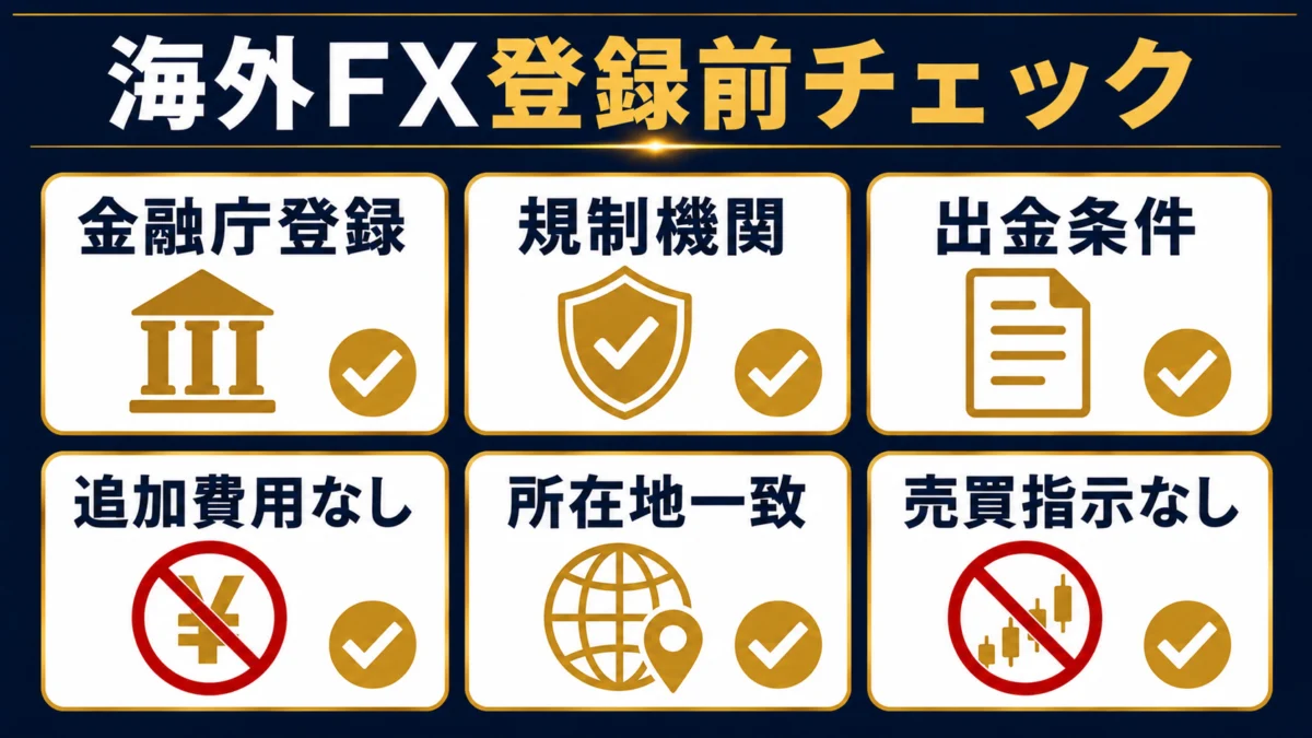 海外FXやCFD案件を登録前に見るための基本チェックです。
