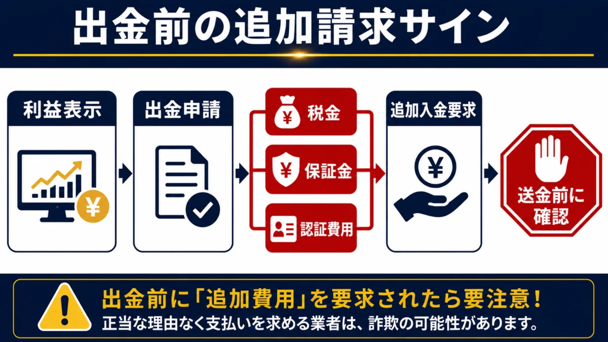 出金前に税金・保証金・認証費用を求められたら、一度止まって確認する流れです。