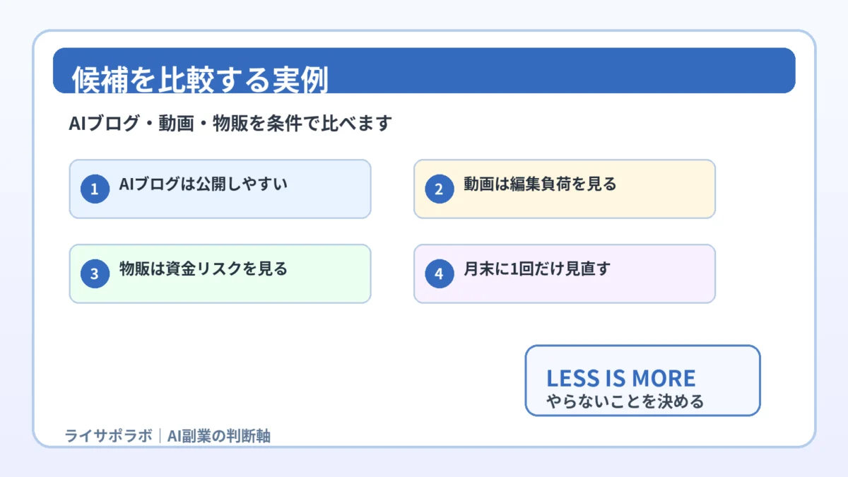 AI副業の候補を比較してやる/やらないを決める実例図解