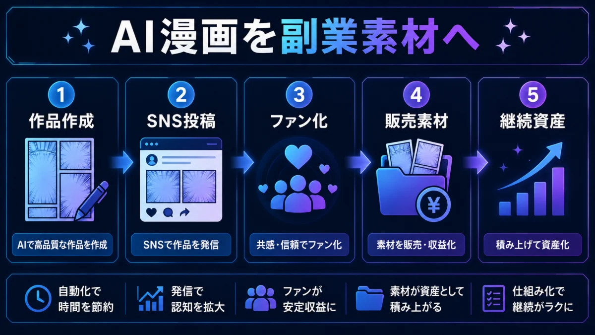 AI漫画制作から副業素材化までの流れを示す図解