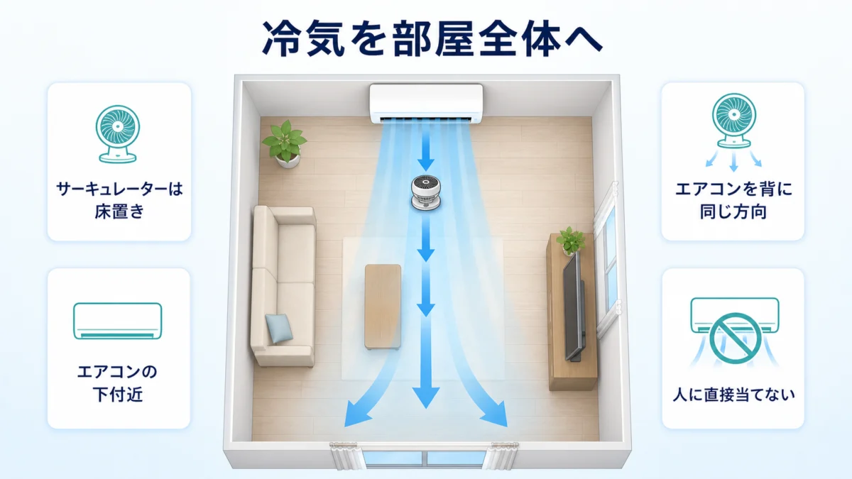 冷房時にエアコン下付近から同じ方向へ送るサーキュレーター配置