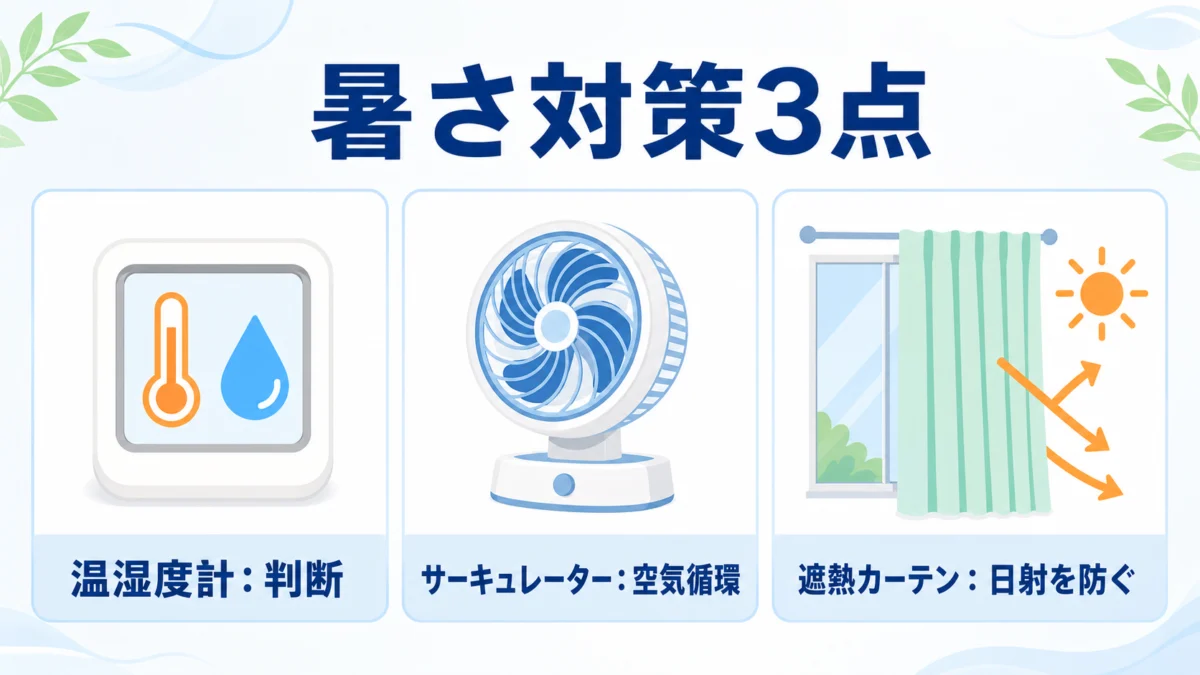 温湿度計・サーキュレーター・遮熱カーテンの使い分け