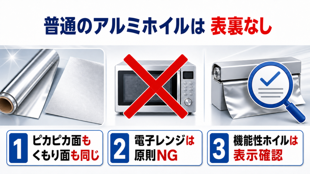普通のアルミホイルの表裏・電子レンジ・機能性商品の注意を示す図解