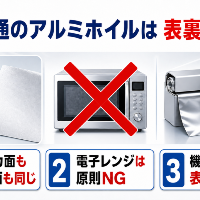 普通のアルミホイルの表裏・電子レンジ・機能性商品の注意を示す図解