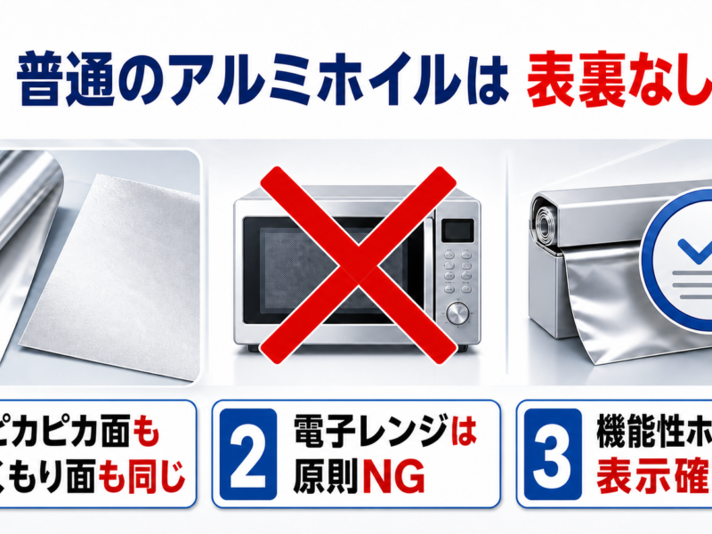 普通のアルミホイルの表裏・電子レンジ・機能性商品の注意を示す図解