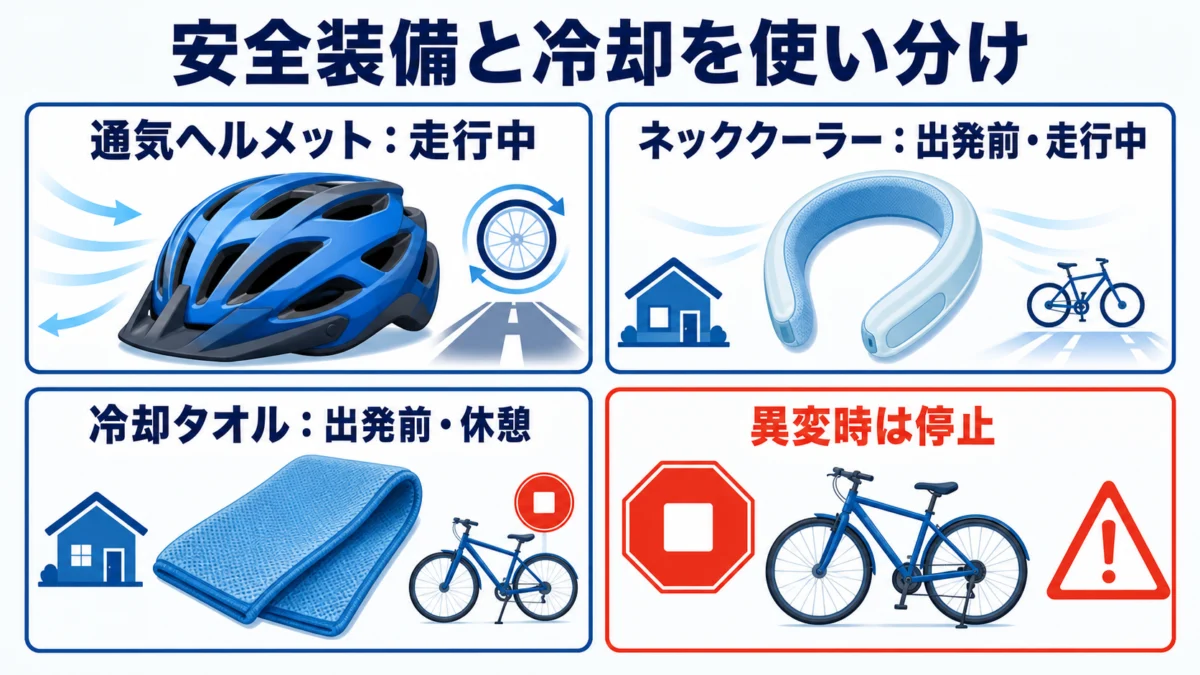 通気ヘルメットは走行中、ネッククーラーと冷却タオルは場面別に使う