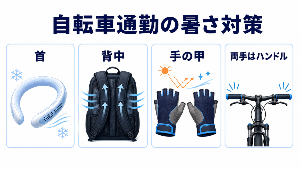 自転車通勤の首・背中・手の甲を守る暑さ対策