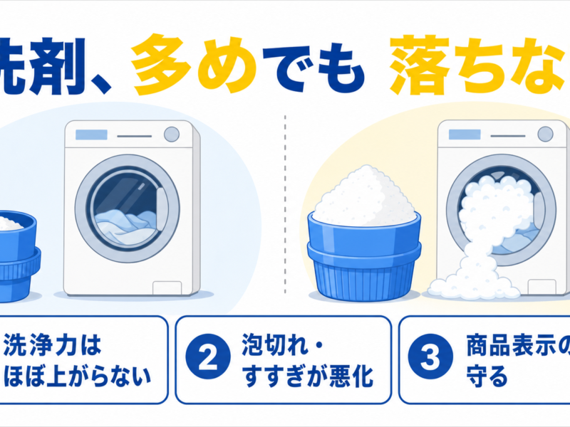 洗濯洗剤を入れすぎた場合の洗浄力・すすぎ・適量を示す図解