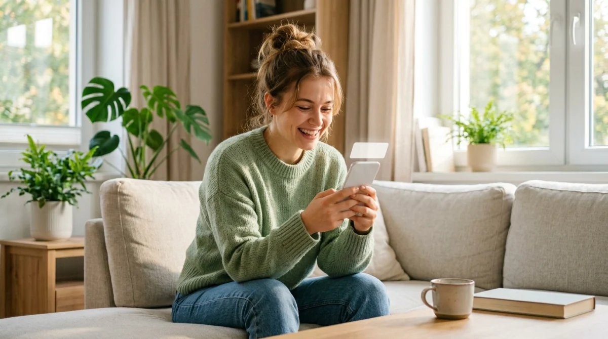 スマートフォンの通知を見て微笑む女性
