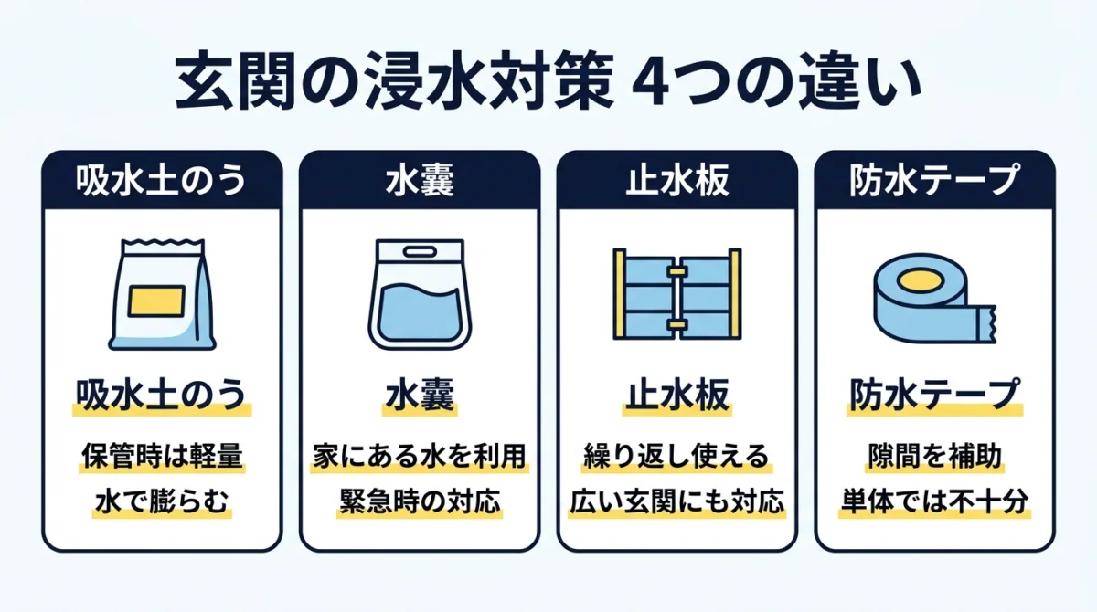 吸水土のう・水のう・止水板・防水テープの違い