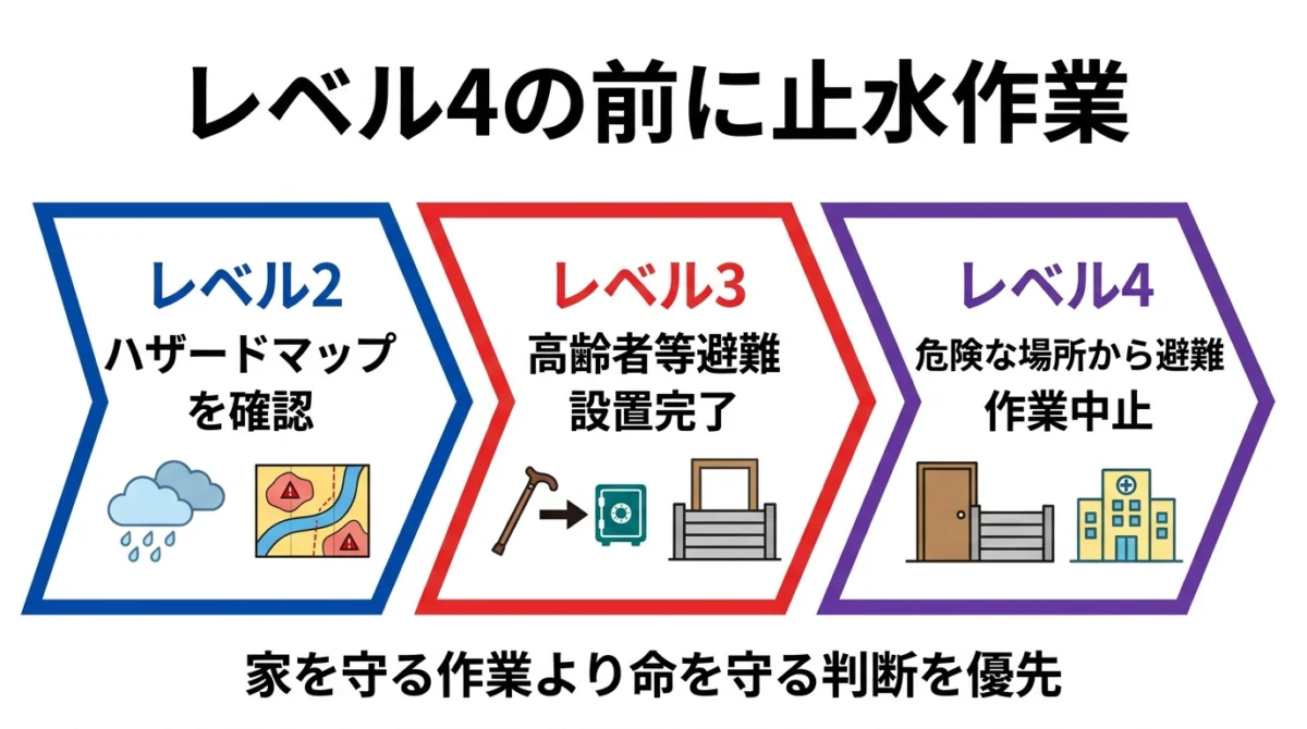 止水作業と警戒レベルの判断を示した図解