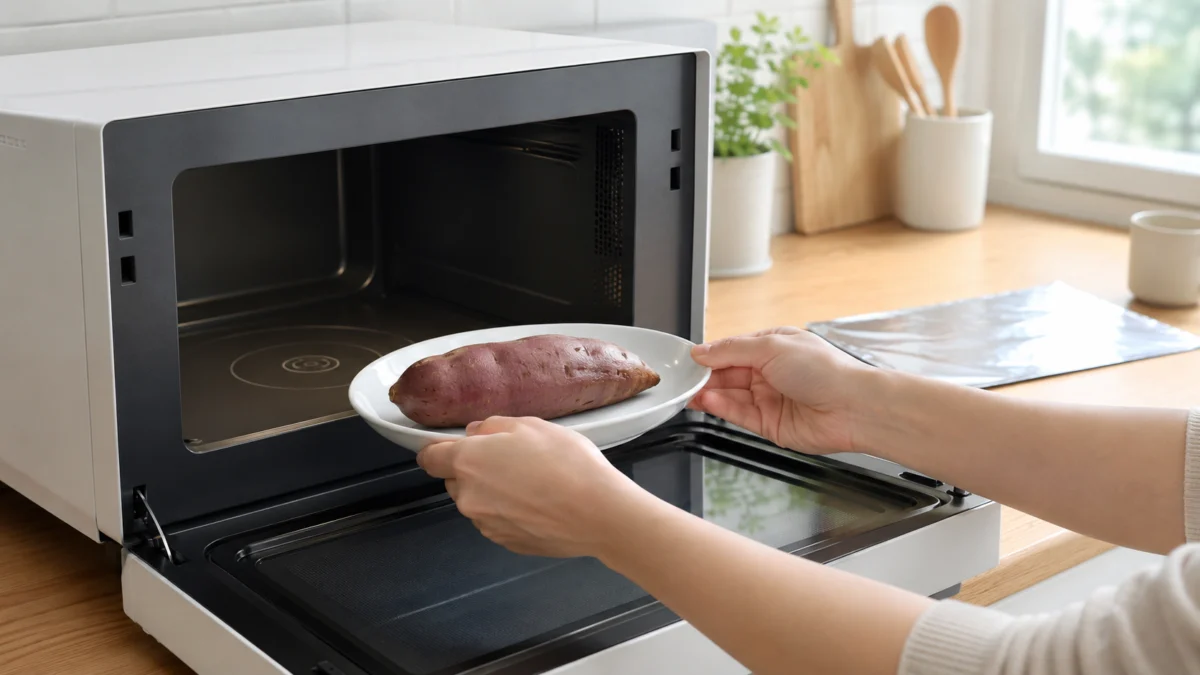 アルミホイルを外した食品を耐熱皿で電子レンジへ入れる様子