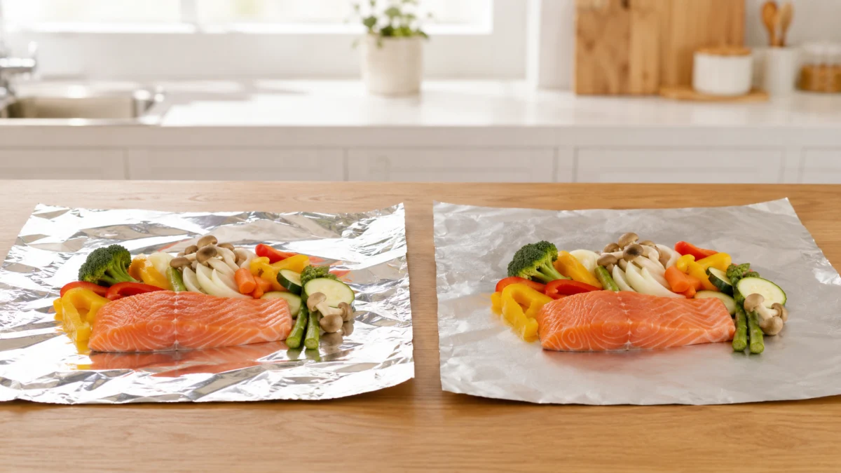 アルミホイルの光沢面とくもった面に同じ食材を載せた比較