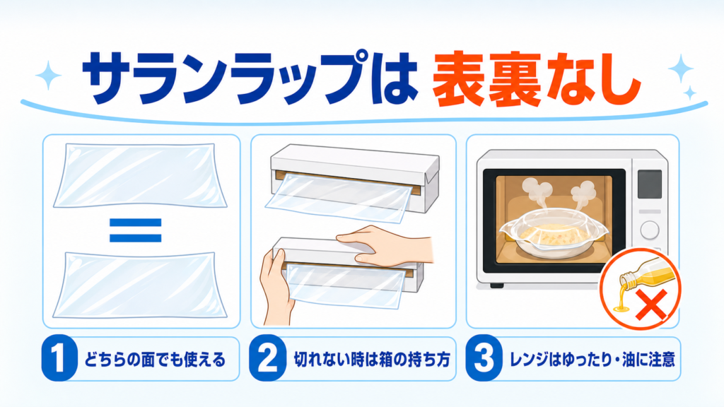 サランラップの表裏・切り方・電子レンジの注意を示す図解