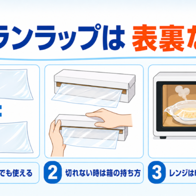 サランラップの表裏・切り方・電子レンジの注意を示す図解