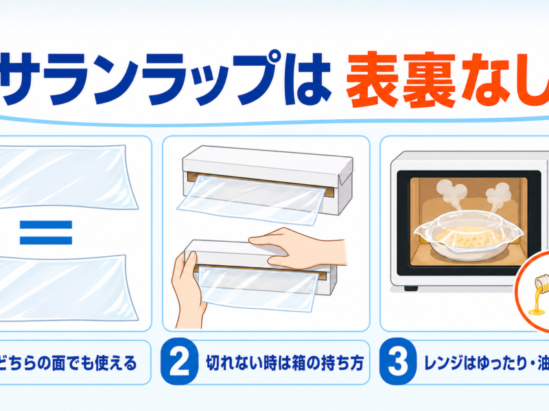 サランラップの表裏・切り方・電子レンジの注意を示す図解