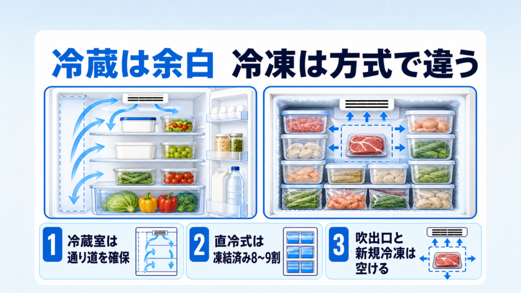 冷蔵室と冷凍室の詰め方・冷気の通り道を示す図解