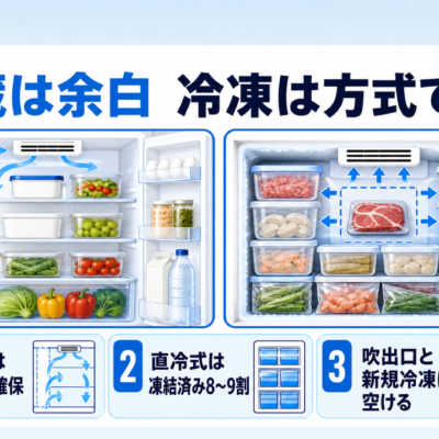冷蔵室と冷凍室の詰め方・冷気の通り道を示す図解