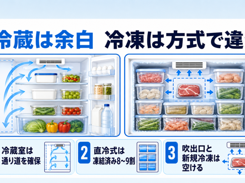 冷蔵室と冷凍室の詰め方・冷気の通り道を示す図解
