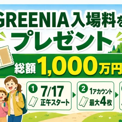 GREENIA入場料プレゼントの開始日、最大4枚、有効期間を示す日本語図解