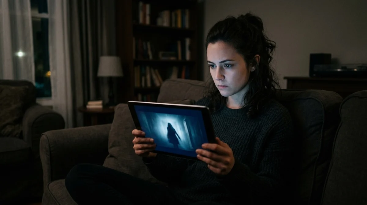 暗い部屋でタブレットの映画予告を見る人物