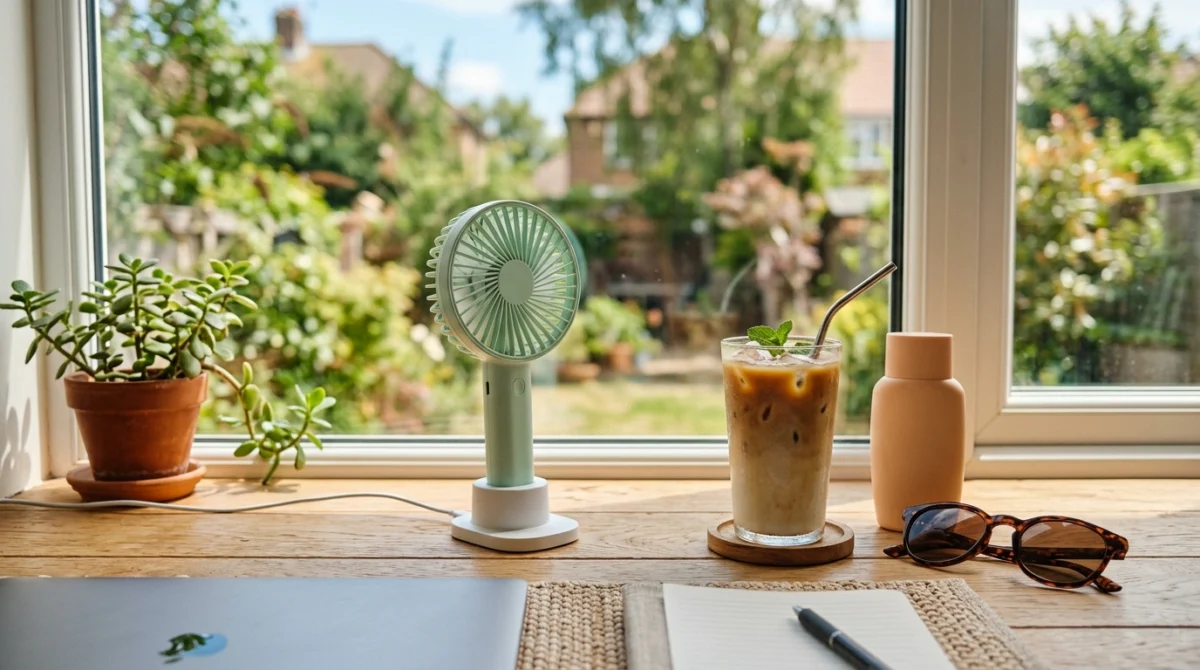 窓辺のデスクの充電スタンドに立てたミントグリーンの携帯扇風機とアイスコーヒー（イメージ）