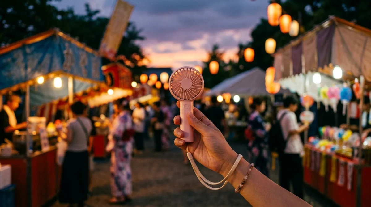 夕暮れの祭り会場でピンクの携帯扇風機を持つ手元。提灯の明かりが灯る（イメージ）