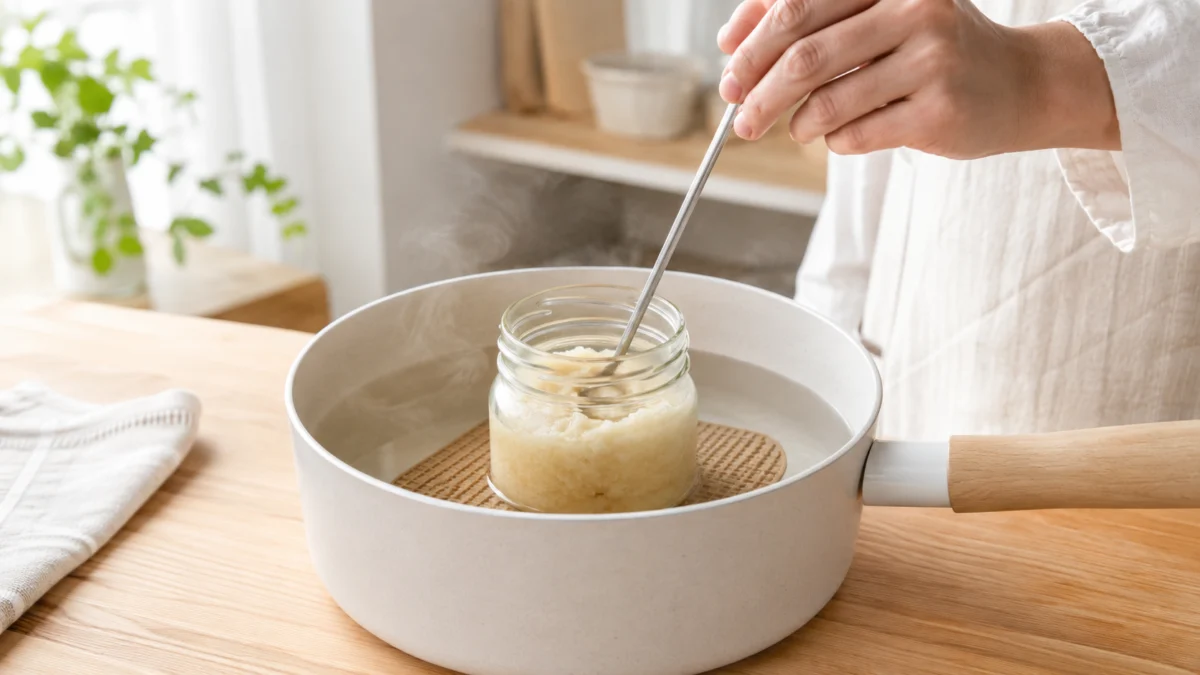 白く固まったはちみつをぬるめの湯で湯せんする様子