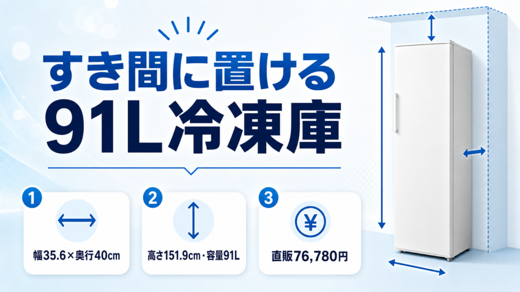 スキマックス Wスリム冷凍庫91Lの寸法・容量・価格を示す図解