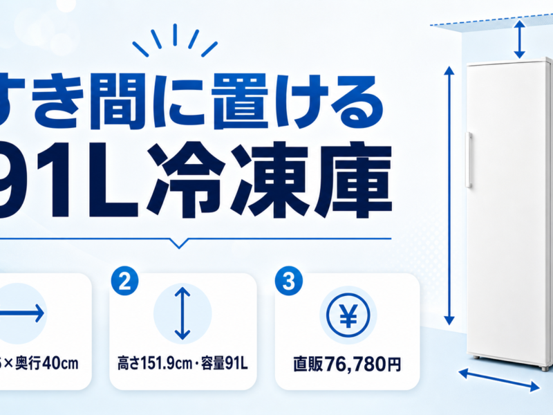 スキマックス Wスリム冷凍庫91Lの寸法・容量・価格を示す図解
