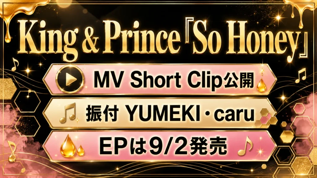King & Prince『So Honey』のMV Short Clip公開とEP発売日を示す図解サムネイル