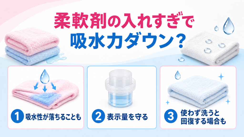 柔軟剤の入れすぎによるタオルの吸水性低下と適量を示す図解
