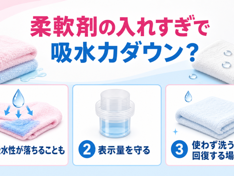 柔軟剤の入れすぎによるタオルの吸水性低下と適量を示す図解