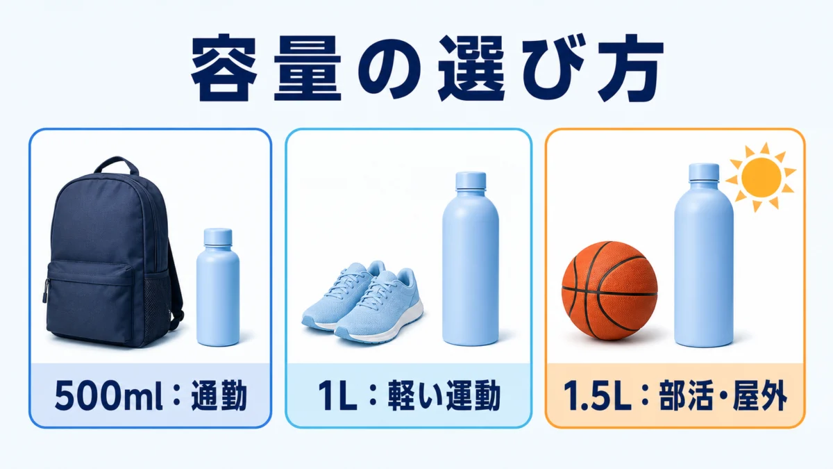 通勤・軽い運動・部活屋外で選ぶスポーツドリンク対応水筒の容量
