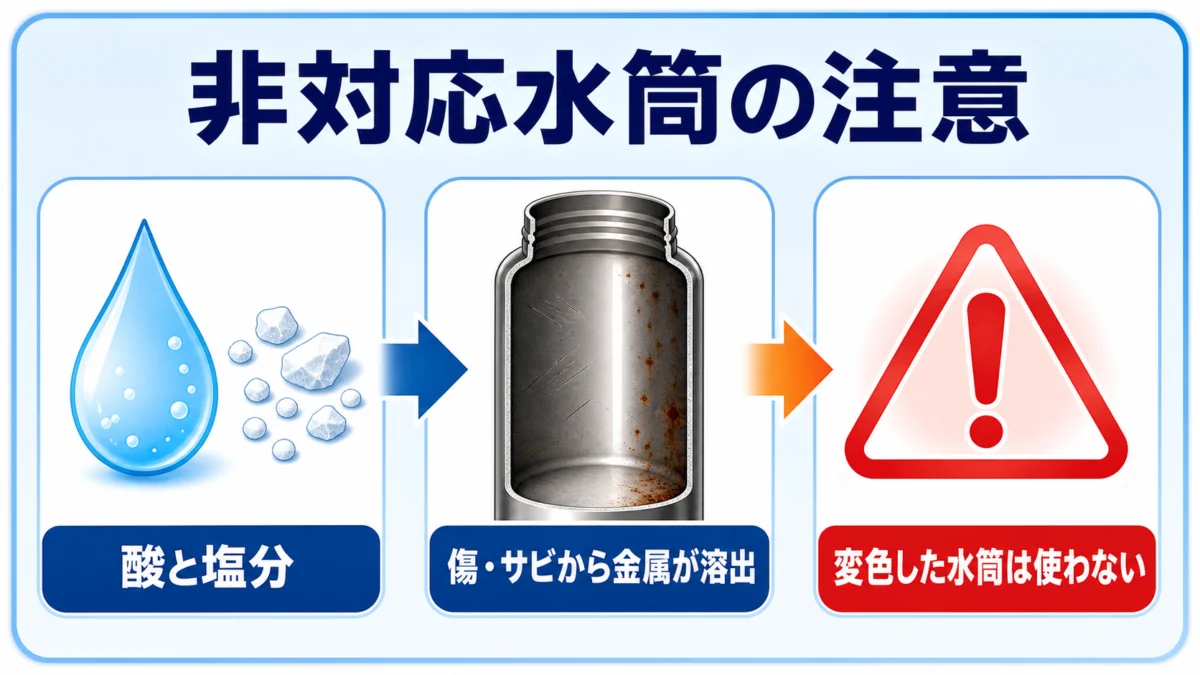 酸と塩分を含むスポーツドリンクを傷やサビのある非対応水筒へ入れる危険