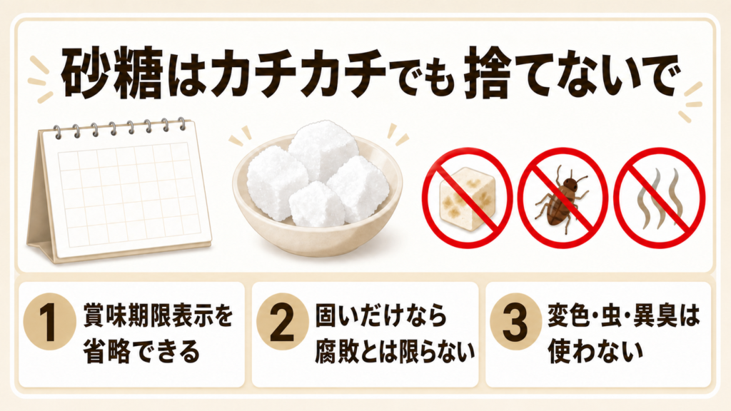 砂糖の賞味期限表示・固まる理由・異常サインを示す図解