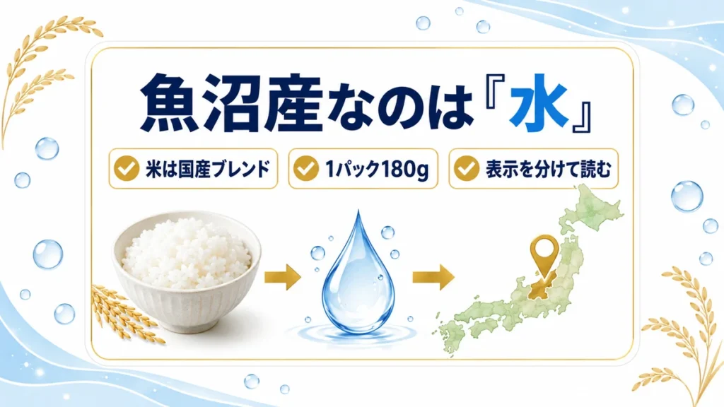 魚沼産なのは水で、米は国産ブレンドと示す日本語図解