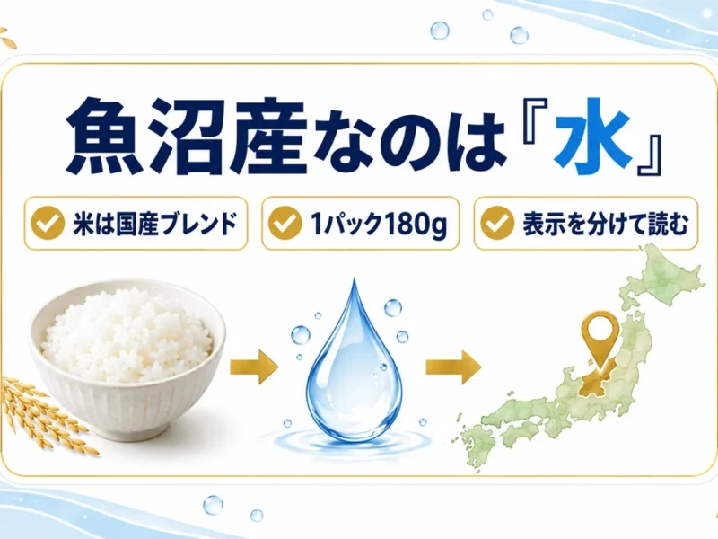 魚沼産なのは水で、米は国産ブレンドと示す日本語図解