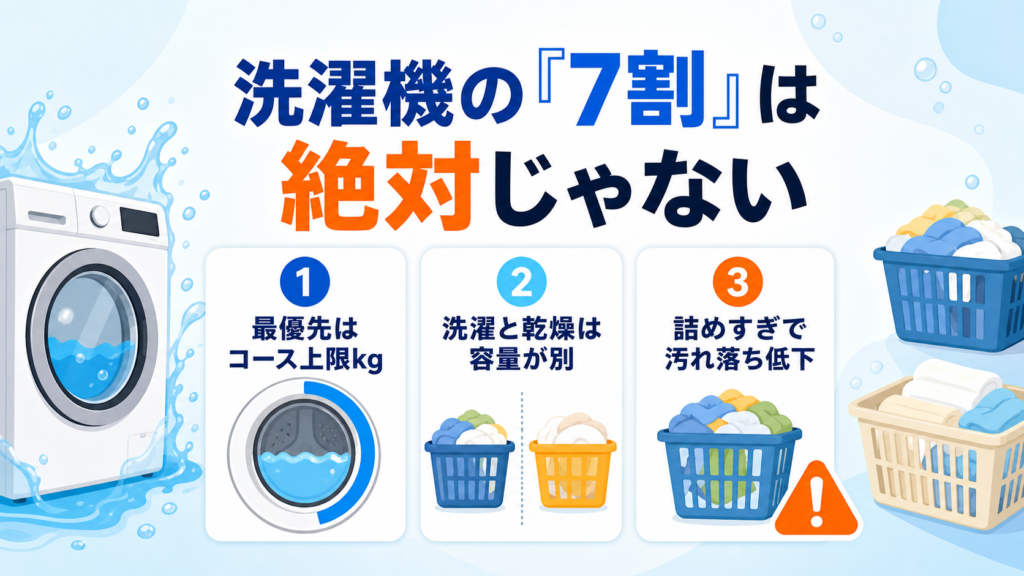 洗濯機のコース上限・洗濯と乾燥の容量差・詰めすぎの注意を示す図解