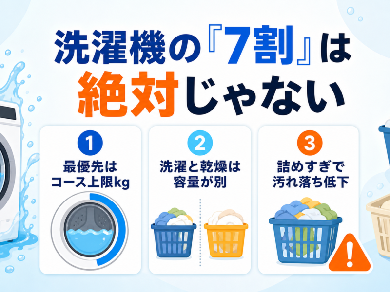 洗濯機のコース上限・洗濯と乾燥の容量差・詰めすぎの注意を示す図解