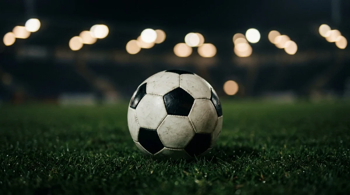 夜の芝ピッチに置かれた無地のサッカーボールのイメージ(AI生成)