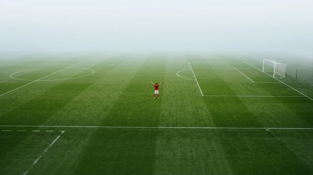 無地の赤いシャツを着たサッカー選手がゴールを喜ぶ後ろ姿のイメージ(AI生成)