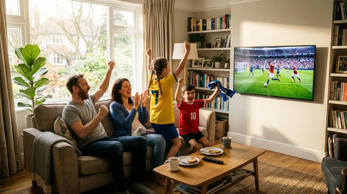 リビングのテレビでサッカー中継を見る家族