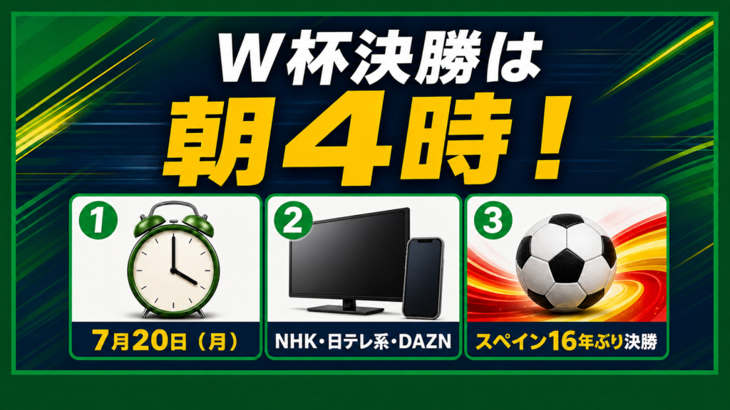 W杯2026決勝の日本時間・視聴先・スペインの決勝進出を示す図解