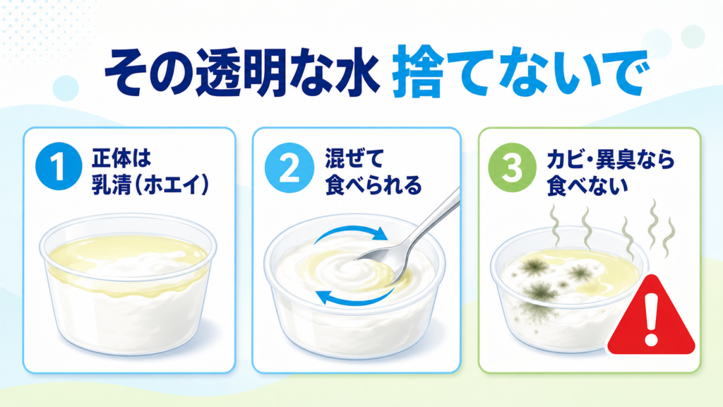 ヨーグルトの乳清を混ぜて食べる方法と異常サインを示す図解